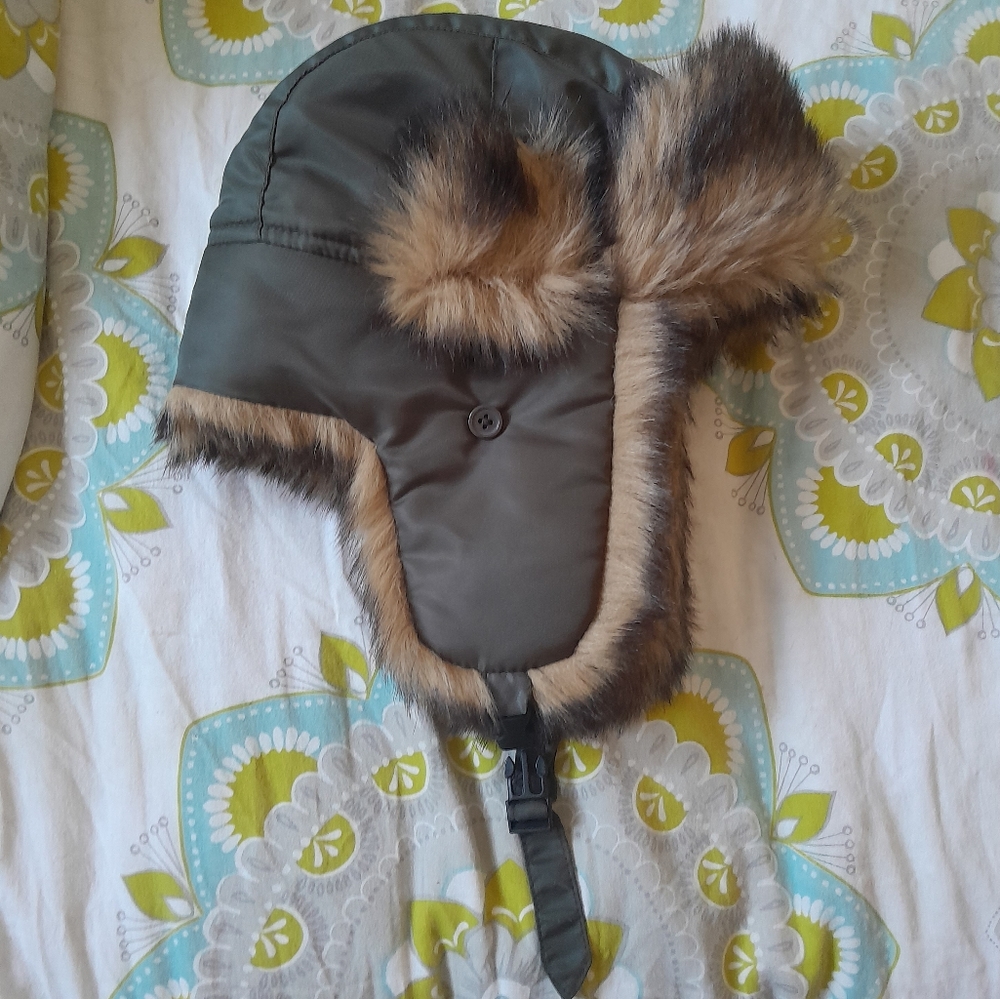 Green Olive Faux Fur Trim Aviator Hat
